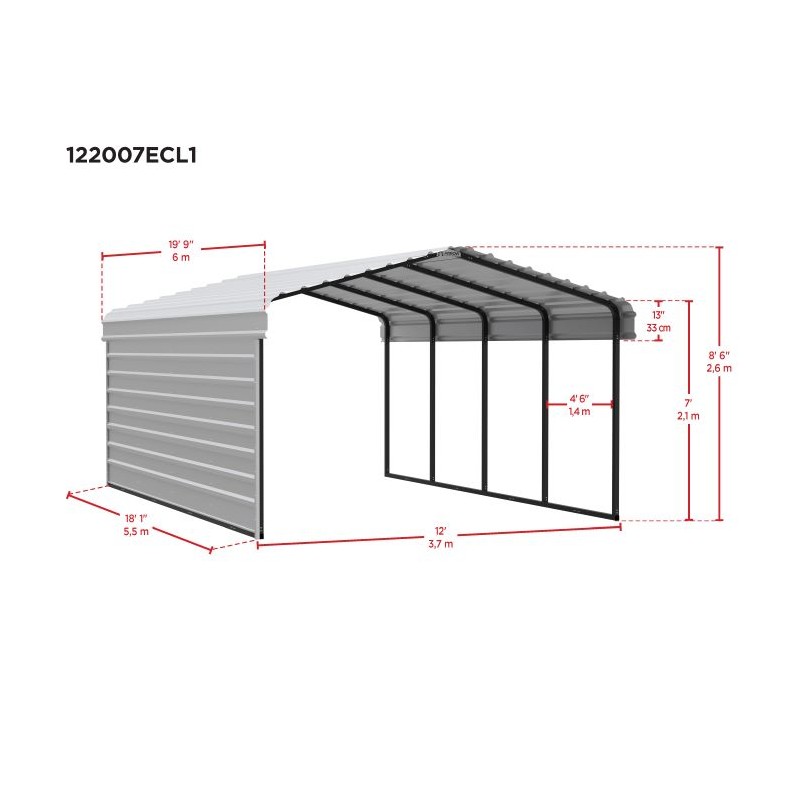 Arrow 1-Sided 12x20x7 Galvanized Steel Carport Kit - Charcoal (CPHC122007ECL1) - Image 4