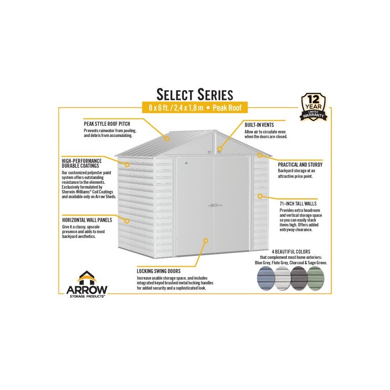 Arrow Select 8x6 Steel Storage Shed Kit - Charcoal (SCG86CC) - Image 7