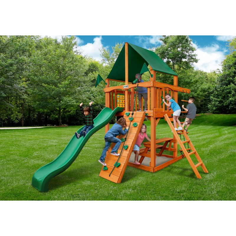 Gorilla Chateau Tower Cedar Wood Swing Set Kit W/ Amber Posts And Sunbrella Canvas Forest Green Canopy - Amber (01-0061-AP-2)