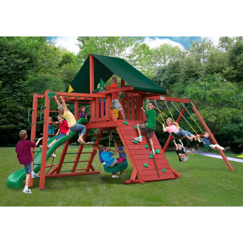 Gorilla Sun Climber II Cedar Wood Swing Set Kit W/ Sunbrella Canvas Forest Green Canopy - Redwood (01-0025)
