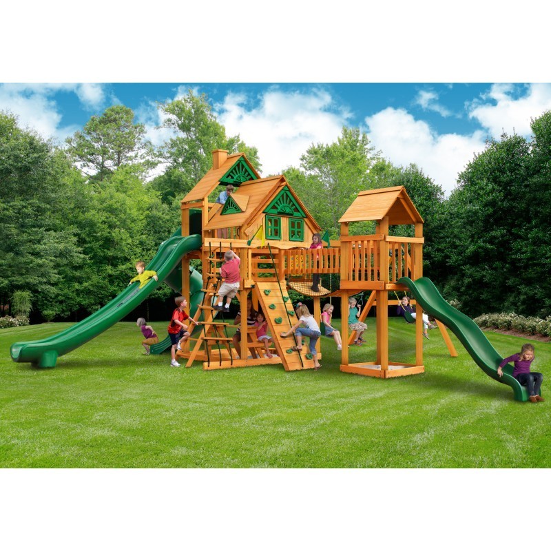 Gorilla Treasure Trove II Cedar Wood Swing Set W/ Treehouse Roofs (01-1038-AP)