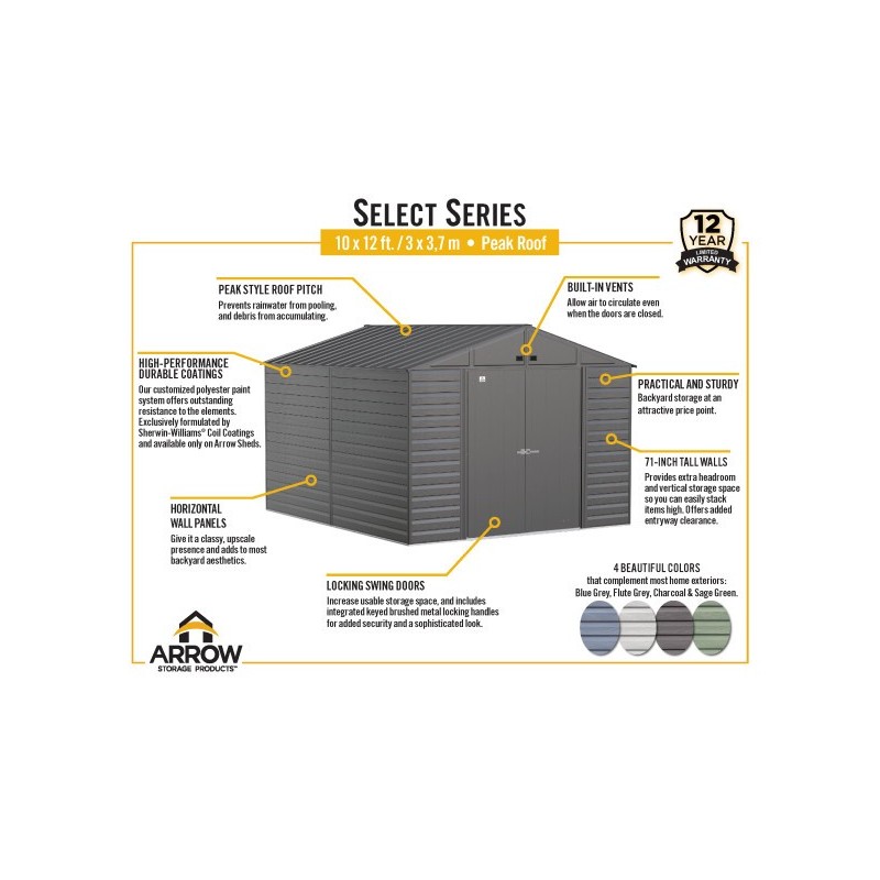Arrow Select 10x12 Steel Storage Shed Kit - Flute Grey (SCG1012FG) - Image 7