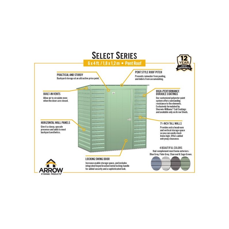 Arrow Select 6x4 Steel Storage Shed Kit - Flute Grey (SCP64FG) - Image 7