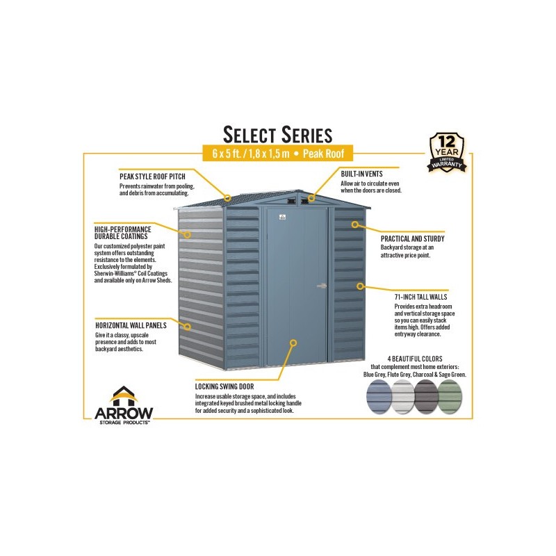 Arrow Select 6x5 Steel Storage Shed Kit - Blue Grey (SCG65BG) - Image 7