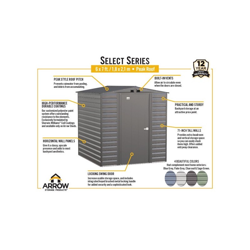 Arrow Select 6x7 Steel Storage Shed Kit - Charcoal (SCG67CC) - Image 7
