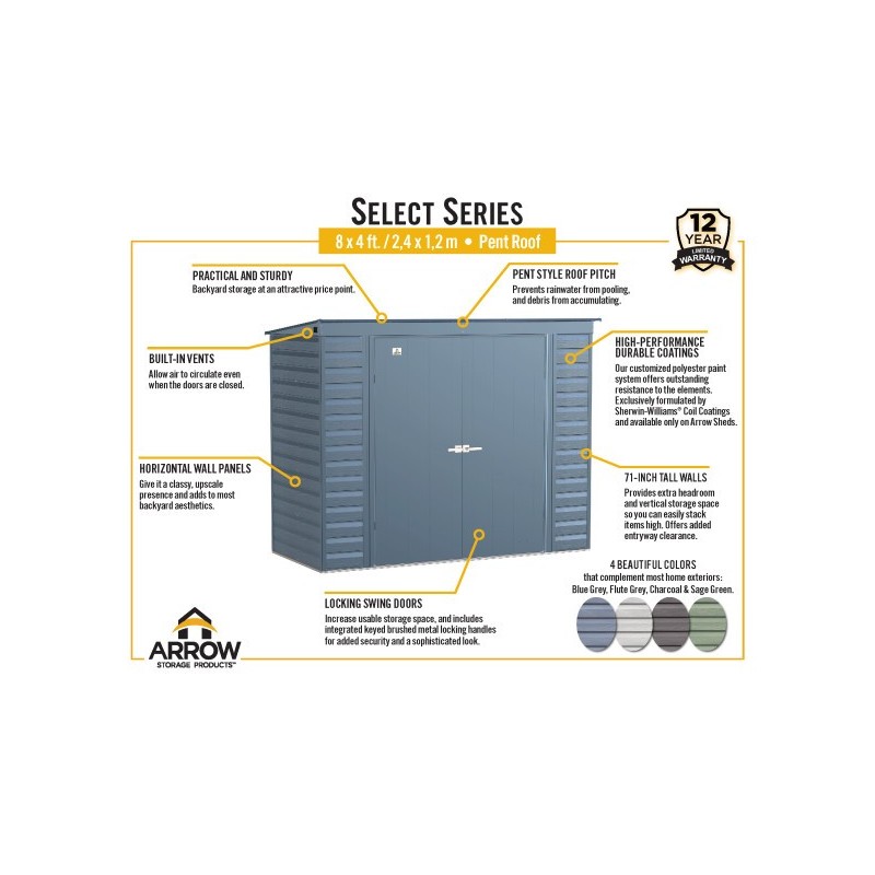 Arrow Select 8x4 Steel Storage Shed Kit - Sage Green (SCP84SG) - Image 7