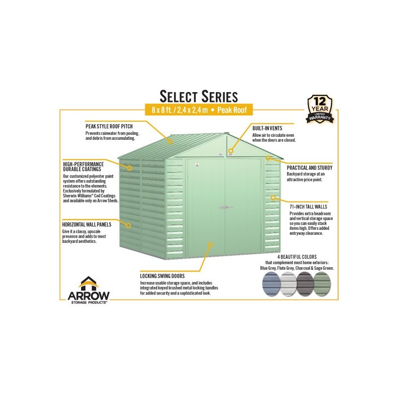 Arrow Select 8x8 Steel Storage Shed Kit - Flute Grey (SCG88FG) - Image 7